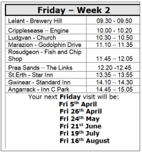 Your next Friday visit will be: 5th Apr, 26th Apr, 24th May, 21st Jun, 19th Jul, 16th Aug Your next Friday visit will be: 5th Apr, 26th Apr, 24th May, 21st Jun, 19th Jul, 16th Aug